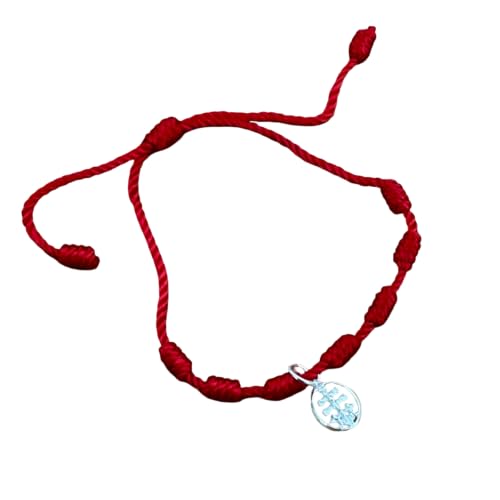 Minoplata Pulsera Roja de 7 Nudos con Cruz de Caravaca, Hilo de Seda Ajustable, Plata de Ley 925 Envejecida, Amuleto Espiritual Unisex, 6 cm