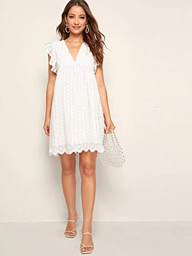 Romwe Women's Plain Short Sleeve Floral Summer Floral Lace Prom Party Shift Dress White_No Stretch X-Large #TOP4