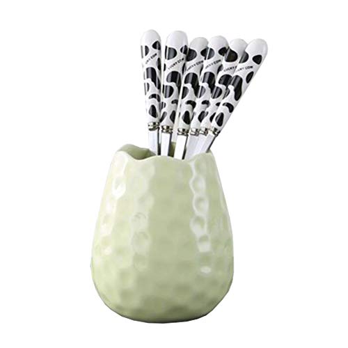 Chinashow - Set di 6 cucchiaini da caffè in Ceramica e Acciaio Inox, con Supporto in Ceramica, Mucca Nera
