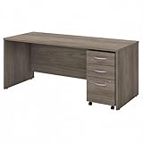 Pemberly Row 72W x 30D Engineered Wood Office Desk w/Drawers, Modern Hickory Finish, Includes 3 Drawer Mobile File Cabinet, Cable Management System, Brushed Nickel Hardware, Durable Workspace