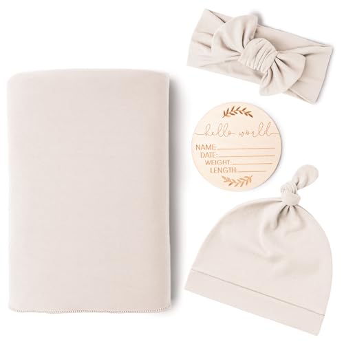 Image of Konssy Baby Girl Newborn Receiving Blanket with Matching Headband and Beanie Set Baby Swaddle Nursery Swaddle Wrap(Beige)