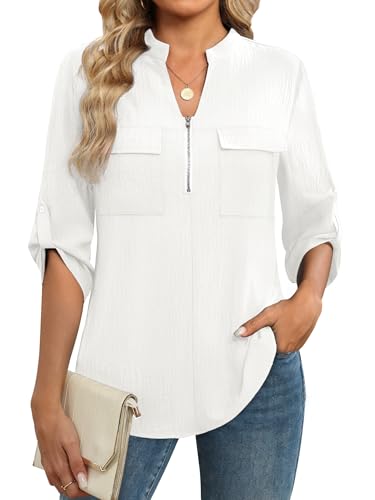 Funlingo Women's Length Sleeve Tops Business Casual Blouses Zip Front V Neck Work Shirts Loose Fit Tunic Tops 2026 - image 1