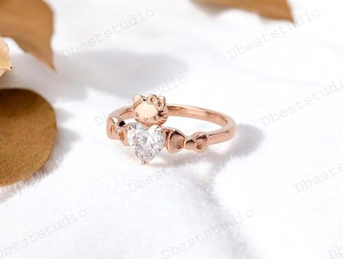 925 Sterling Silver Heart Shape Moissanite Kitty Ring Women Kitty Jewelry Solitaire Promise Ring Cat Lover Ring Birthday Gift for Animal Lover4