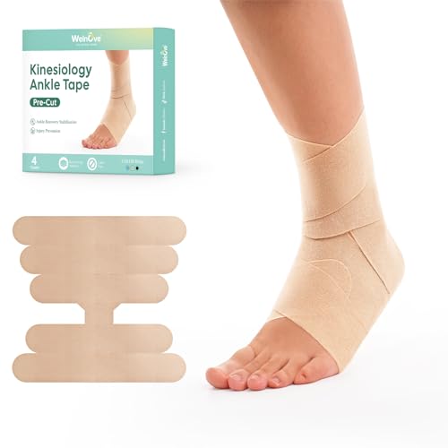 Welnove Sport Kinesiology Ankle Tape for Sprained Ankle: Precut Athletic Tape for Ankle - Ankle Wrap Tape Sports K Tape for Ankle Support (Beige 4-Pack)