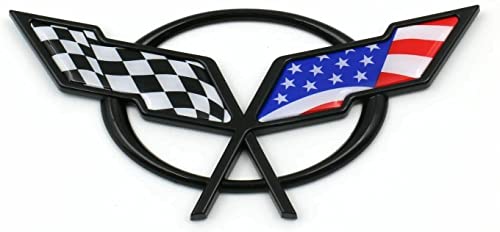 Image of Pair Set 1997-2004 Corvette C5 Front Nose Emblem and Rear Deck Lid 3D Crossed Flags Badge Replacement for Corvette (US Flag)