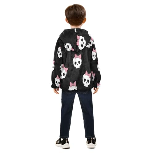 Skull Pattern with Pink Bows Toddler Fleece Jacket Girl Boys Hooded Fleece Jacket Coat Warm Outwear Zip-up 3-10T4