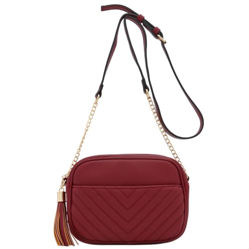 Image of FashionPuzzle Chevron Quilted Crossbody Camera Bag with Chain Strap and Tassel