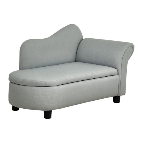 HOMCOM Kindersessel, Kindercouch, Kindersofa mit Stauraum, Chaiselongue für Kinder 1,5-3 Jahre, Schlafsofa für Kinderzimmer, Leinenoptik, Massivholz, Hellgrau, 80 x 40 x 49 cm
