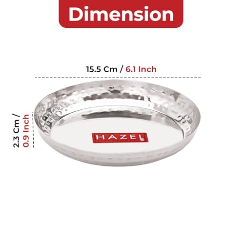 Image of HAZEL Stainless Steel Small Plate 15.5 cm, Pack of 6 | Hammered Finish Side Wall Round Steel Thali for Snack Plate for Daily Use Home, Office & Restaurant