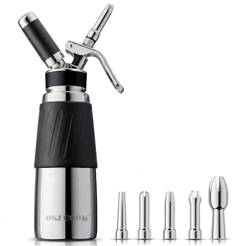 OSJCOOK Whipped Cream Dispenser Stainless Steel Cream Whipper Mirror Finish,500 mL/1 Pint Professional Cream Maker,5 Various Stainless Decorating Nozzles,1 Cleaning Brush,N2O Chargers NOT included