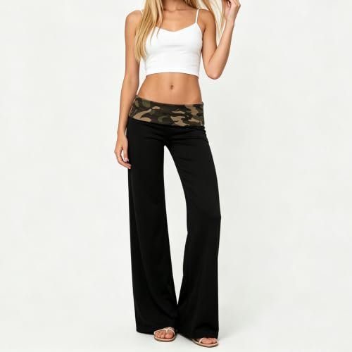 Image of Lounge Yoga Pants for Women Fold Over Low Waist Wide Leg Bell Bottoms | Y2K Foldover Pants, Flare Leggings, Low Rise Yoga Sweatpants