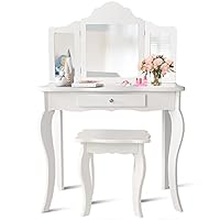 COSTWAY Kids Wooden Vanity Table and Stool Set, 2 in 1 Dressing Tables with Detachable Top, Two 180°Folding Mirrors, Make Up Pretend Dresser Desk for Children