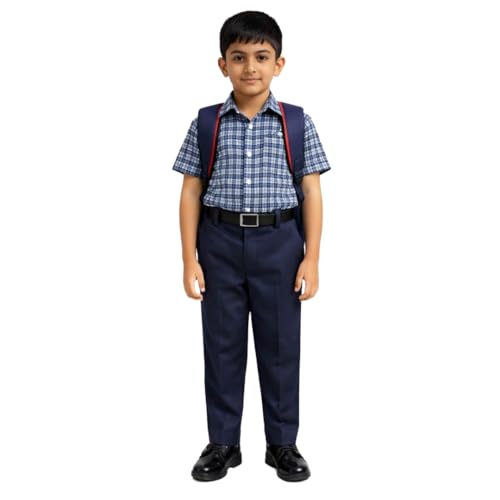Image of Boys School Uniform Half Sleeve Checked Shirt with Pants Set - Comfortable Cotton Blend School Wear for Kids