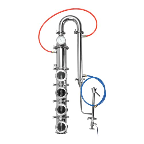 BANLICALI Plate Stainless Moonshine Still Flute Column, 4 Inch Stainless Steel Copper Moonshine Still Kit with Temperature Gauge, 77-79? Distillation Temperature Column Tower Kit Silver (4 Layers)