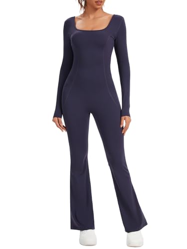Ecupper Jumpsuits Damen Yoga Bodycon Einteiler Zip Up Overall U-Ausschnitt Rompers Langärmelig Schlaghosen Workout Outfit Marineblau XS