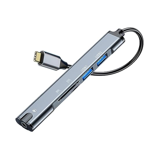 QIANRENON 5 in 1 USB C Multifunctional Docking Station Adapter Type C Male to Dual USB2.0 TRRS 3.5mm Audio TF/SD Card Reader Multi Port Hub Extender