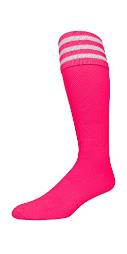 PEAR SOX Pearsox Euro 3 Stripe Knee High Socks - Moisture Wicking Athletic Socks with Arch and Ankle Support (Intermediate, Neon Pink)
