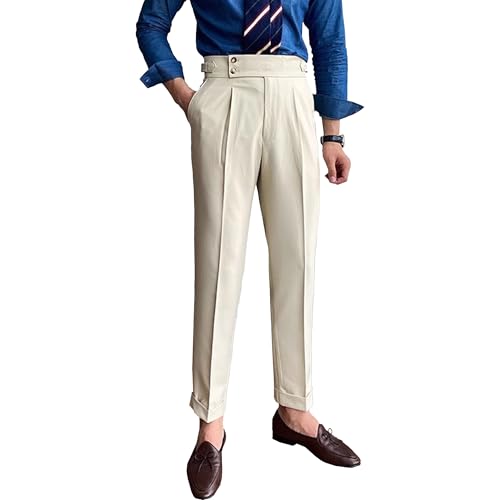 FUNRKLI Pantalones de cintura alta para hombre, de negocios, casuales, rectos, sueltos, elásticos, plisados, retro, ajustados, con botones, pantalones de vestir, caqui, 46