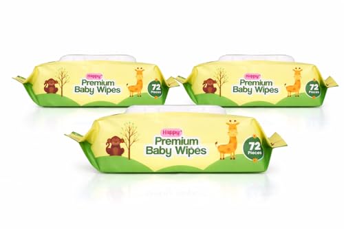 Image of Happy Premium Baby Wipes Export Quality with Aloe Vera & Vitamin E Alcohol-Free, Dermatologically Safe & pH Balanced | Gentle Skin Care for Newborns & Toddlers | Flip-Top Lid for Lasting Moisture (3, 72 count (pack of 3))
