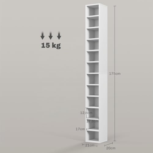 Miniatura 3 de Mueble Para Cd Y Dvd Homcom, Estante De Columna, Mueble Con 12 Compartimentos, Capacidad Máx. 204 Cd, 21 X 20 X 175 Cm, Blanco