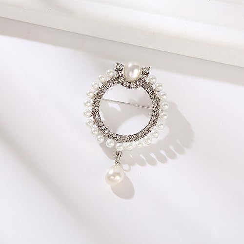 Image of Elegant CZ Cubic Zirconia Round White Simulated Pearl Circle Brooch Pin for Women Wedding