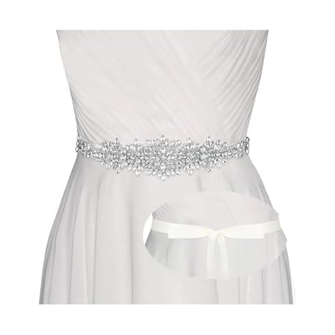 Araluky Handmade Rhinestone Bridal Belt Wedding Belts for Dresses with Ribbon - Ivory White Cover