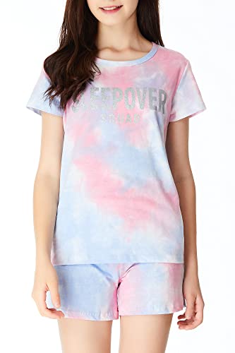 Beezizac Tie Dye Pajamas for Girls - 100% Cotton Glitter Butterfly Cat Summer Short Sleeve PJ Set Tween Clothes Size 4T - 182