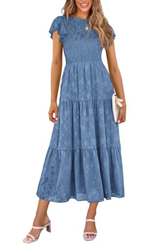 PRETTYGARDEN Midi Dresses for Women 2026 Summer Floral Cap Sleeve Smocked A Line Long Elegant Spring Wedding Guest Dress (Blue,Large)