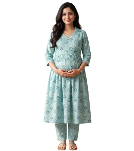 Image of DUMMY SHAPE Maternity Dresses for Women Cotton | Floral Kurta Pant Dupatta Set with Nursing Zippers, Side Pocket | Pre & Post Pregnancy | Feeding Kurti Suit | Baby Shower | Gifts for Pregnant Woman