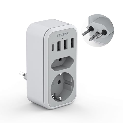 TESSAN Adaptateur Prise Suisse 2500W, 6 en 1 Adaptateur Suisse France avec 1 USB C et 3 USB A, Prise Type J pour Jordan Liechtenstein