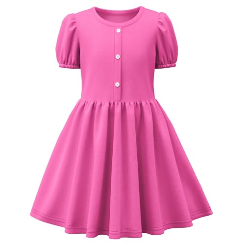 LQSZ Girls Summer Dress Puff Sleeve High Waist A Line Solid Color Dress for Party School Easter Outfit 3-12Y2