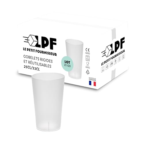LPF LE PETIT FOURNISSEUR - Lot de 100 Gobelets réutilisables 25cl (33cl à ras-bord) - Polypropylène (PP) alimentaire rigide - Gobelets plastique durables - Compatible lave-vaisselle - Couleur Givrée