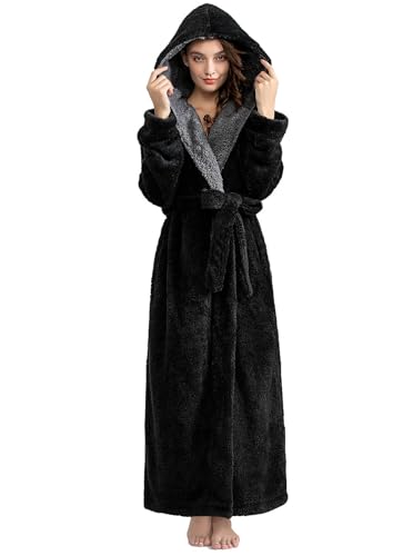 Hellomamma Long Hooded Robe for Women Luxurious Flannel Fleece Full Length Bathrobe Winter Warm Pajamas Shower Nightgown