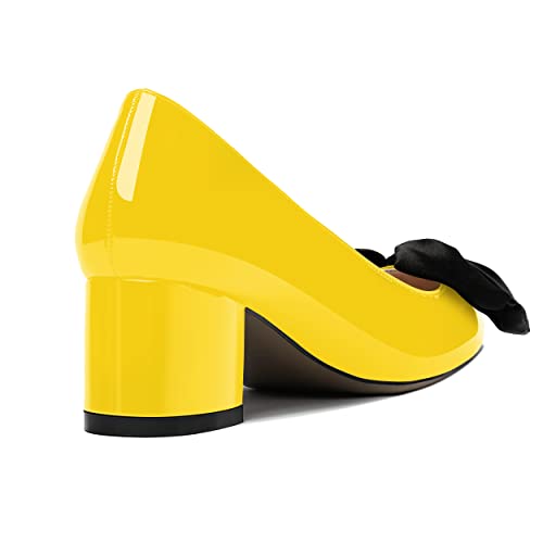 WAYDERNS Women's Slip On Pointed Toe Patent Bow Decoration Chunky Low Heel Pumps Shoes 2 Inch 5