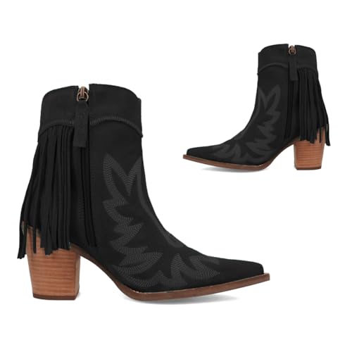 Women Tassel Western Booties Chunky Block Heel Suede Cowboy Ankle Boots Fringe Zipper Pointed Closed Toe Booties Stacked Heel Short Boots Cowgirl Embroidered Retro Vintage 4-11 M US2