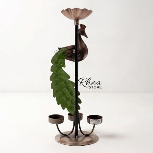 Image of Metal Peacock Candle Holder, Multicolour Iron Tealight Stand for Table Decoration Item, Corporate Bulk Gifting and Festive House Lighting Showpiece (14x10x34 CM)