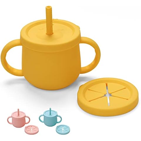 Baby Snack Cup Silicone Snack Pot Snack Catcher with lid for Toddler and Baby ,Silicone Snack Cup Baby Straw Cup -Snack Cup 3 in1(Yellow) Cover