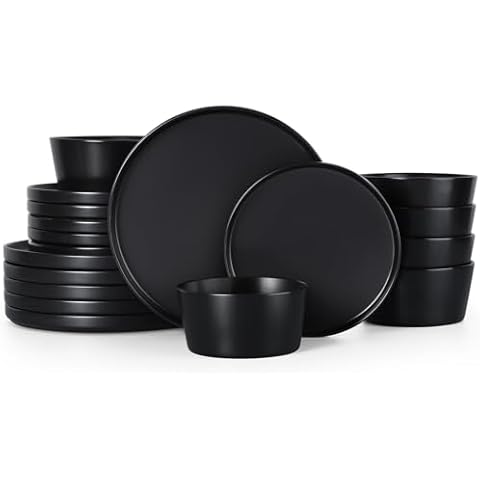 Herogo 18 Pieces Stoneware Dinnerware Sets for 6, Dinner Plates and Bowls Set, Reactive Glaze Dishes Set for Kitchen, Chip Resistant, Microwave & Dishwasher Safe, Matte Black Cover