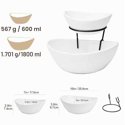 MALACASA Obstschale Etagere mit 2 Etagen, Servierschüssel aus Keramik, Salatschüssel mit Dip-Schale & Metallgestell für Party Buffet, Vielseitiges Servierset für Salat/Obst/Snacks/Gemüse, Weiß