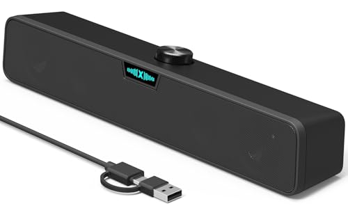 Computer Soundbar Speakers for Desktop PC Mac, USB Plug-in, Wired, External Speakers for Laptop Desk Monitor, RGB Gaming Sound bar with HD Stereo Loud Sound, Punchy Bass, Volume Knob, USB C Adapter
