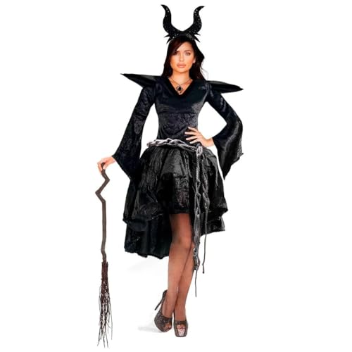Fantasia Malévola Adulta Luxo de Halloween Com Tiara (Preto, XGG 48-50)