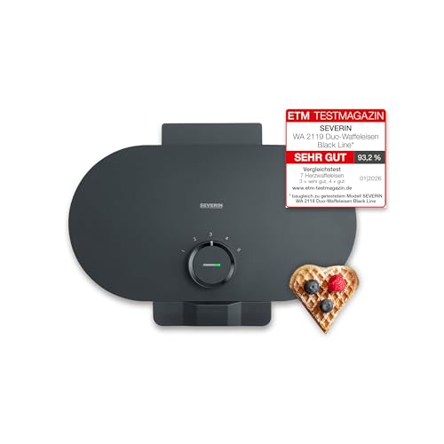 SEVERIN Duo-Waffeleisen Black Line, Doppelwaffeleisen für Herzwaffeln, PFAS-freie Beschichtung, mit Kontrollleuchte, praktische Kabelaufwicklung, 1.200 Watt, schwarz-matt, WA...