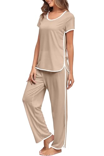 FKEEP Stripe Pajamas Set Women Two-Piece Nightwear Short Sleeve Sleepwear Soft Side Split Loungewear Pjs Sets(Solid Coffee,Small)