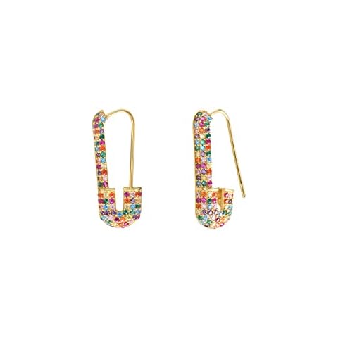 Multicolor Safety Pin Earring Cubic Zirconia Gemstone Drop Earring 925 Solid Sterling Silver Gold Vermeil Statement Earring Rainbow Earring Cover
