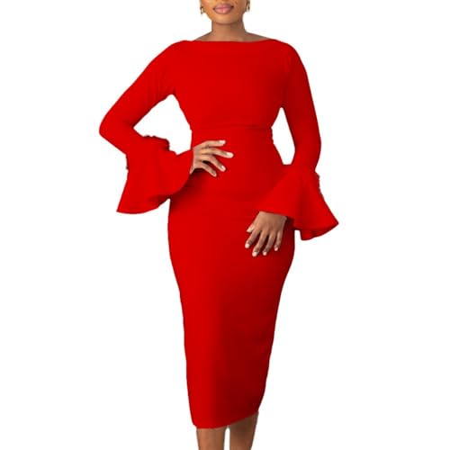 Women Fashion Solid Color Flare Long Sleeve Dress Elegant Round Neck Bodycon Midi Pencil Dress Business Party Cocktail (Color : Red, Size : Large)