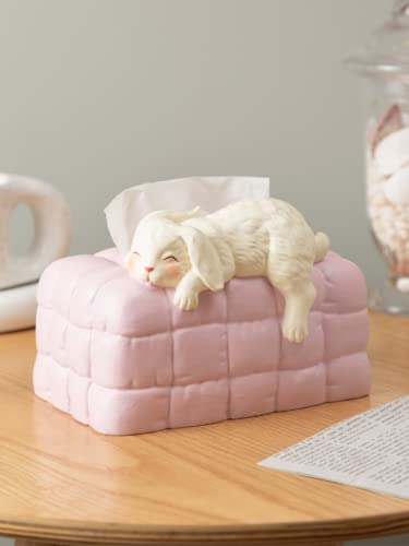 Caja de almacenamiento de pañuelos de estatua de conejo rosa, escultura creativa de animales de resina, caja de papel higiénico, extractora de papel higiénico, decoración de sala de estar, dormitorio