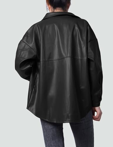 SeekMe Women's PU Leather Jacket Shacket Button Down Lapel Blazer Coat with Bust Pocket4