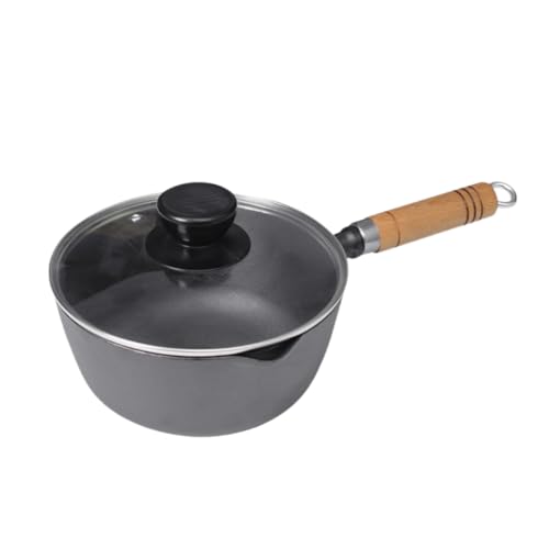 LPYROSE鉄鍋 19cm 厚手 鋳鉄 無塗装 ノンスティック 木柄 片手鍋 ガスコンロ専用 一人鍋 小鍋 麺鍋 味噌汁鍋 目玉焼き 離乳食 温め 家庭用 業務用 レストラン ホテル 南部鉄器 鉄分補給 おしゃれ (ブラック,19cm(ガラスカバー付き)