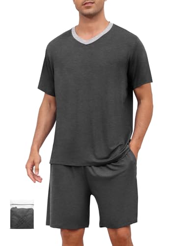 Mens Pajama Set Short Sleeve Sleepwear Summer Lightweight Pjs Set 2 Piece Comfy V-Neck Nightwear With Pockets S-3XL