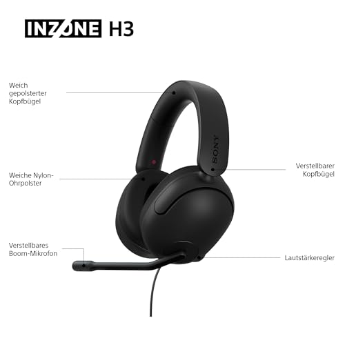 Sony INZONE H3 Kabelgebundenes Gaming-Headset - PC/PS5, 360 Spatial Sound für Gaming, leichtes Design (299g), Mikrofon per klick stummschalten, USB-Audiobox für EQ-Einstellungen - Schwarz